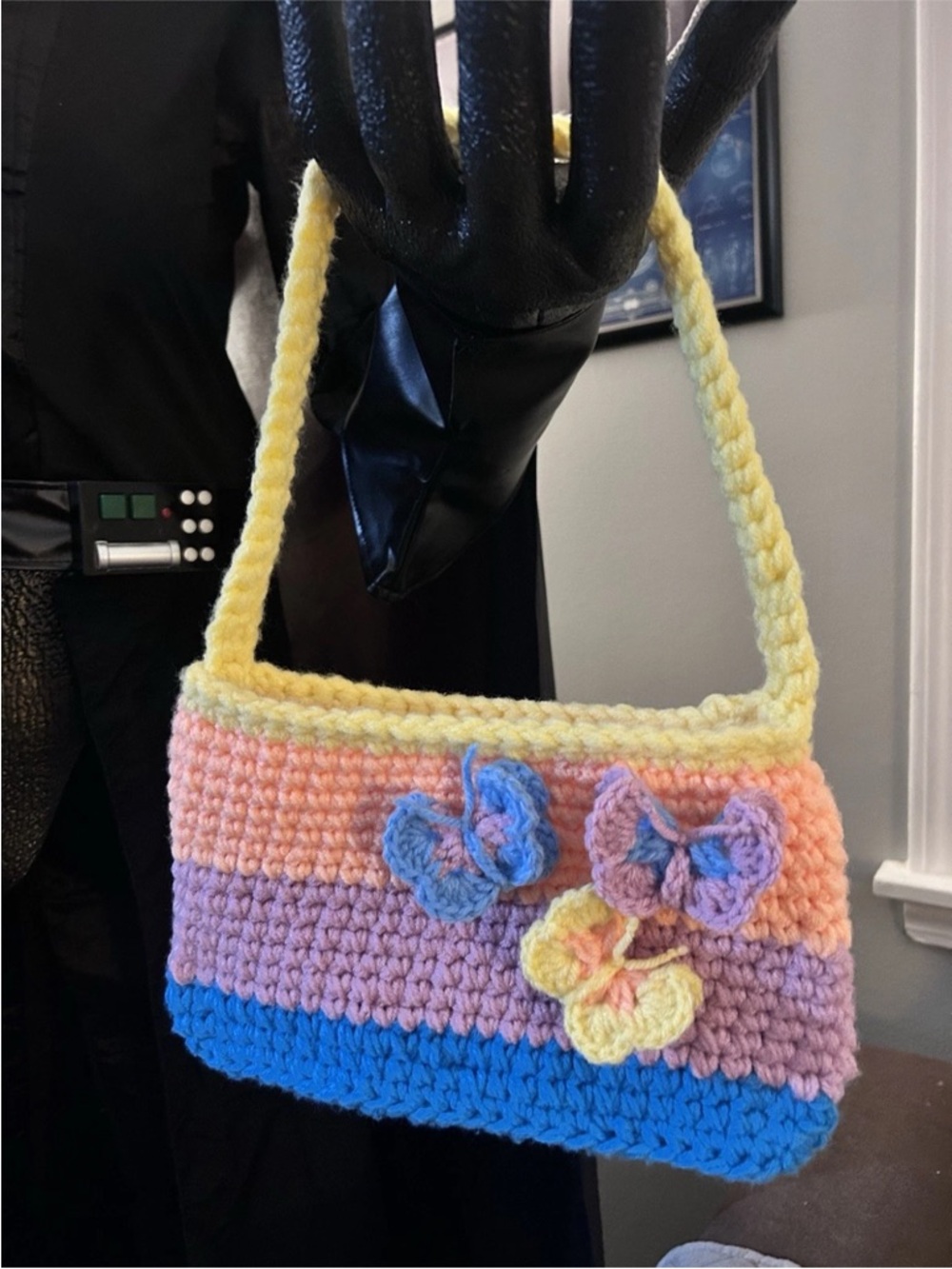 3/$30 SALEHandmade Crochet Pastel Stripe Shoulder Bag with Butterfly Accents